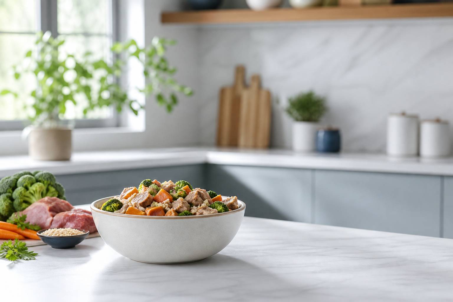 Préparation de pâtée maison pour chien avec légumes et viande fraîche