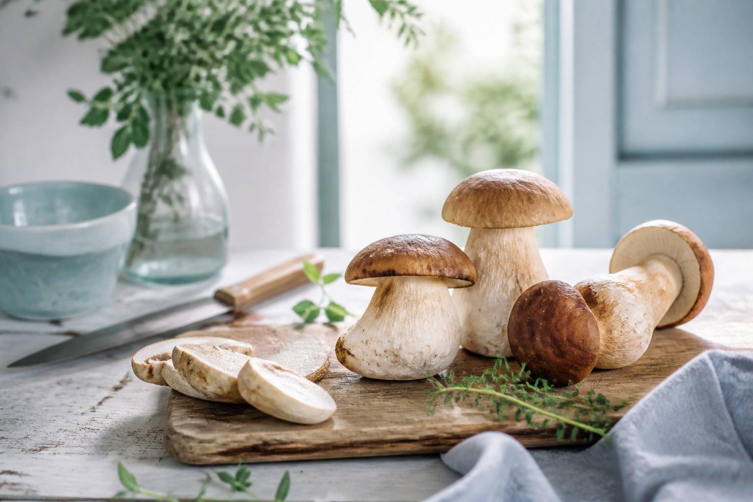 Cepes frais sur planche en bois avec couteau et herbes aromatiques