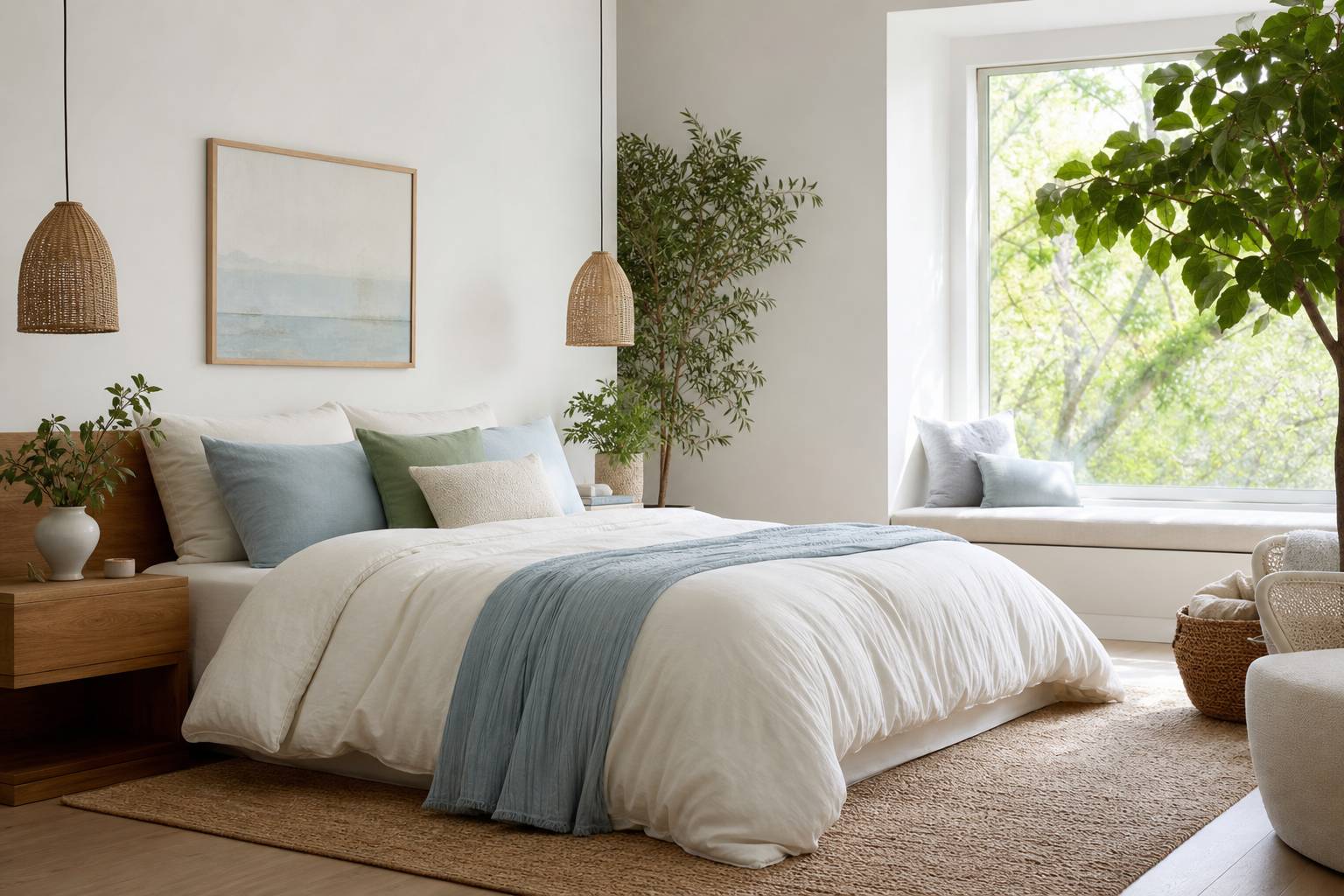 Vue large d'une chambre calme avec lit queen size literie blanche et décor minimaliste