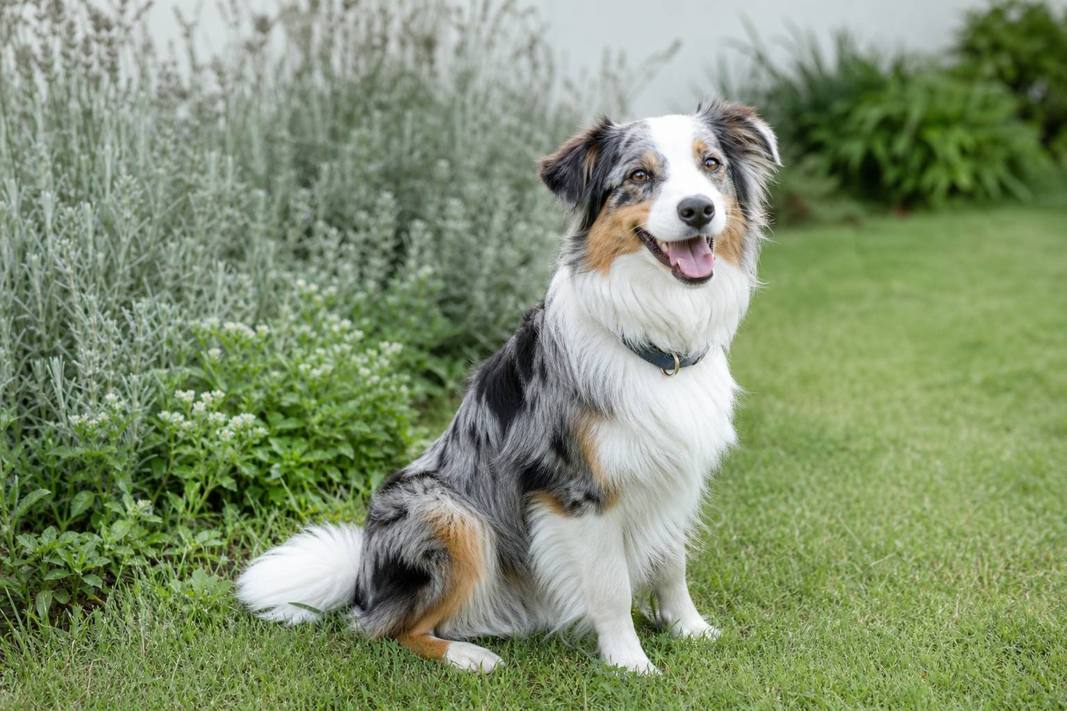 Chien heureux dans un jardin avec collier, lumière naturelle