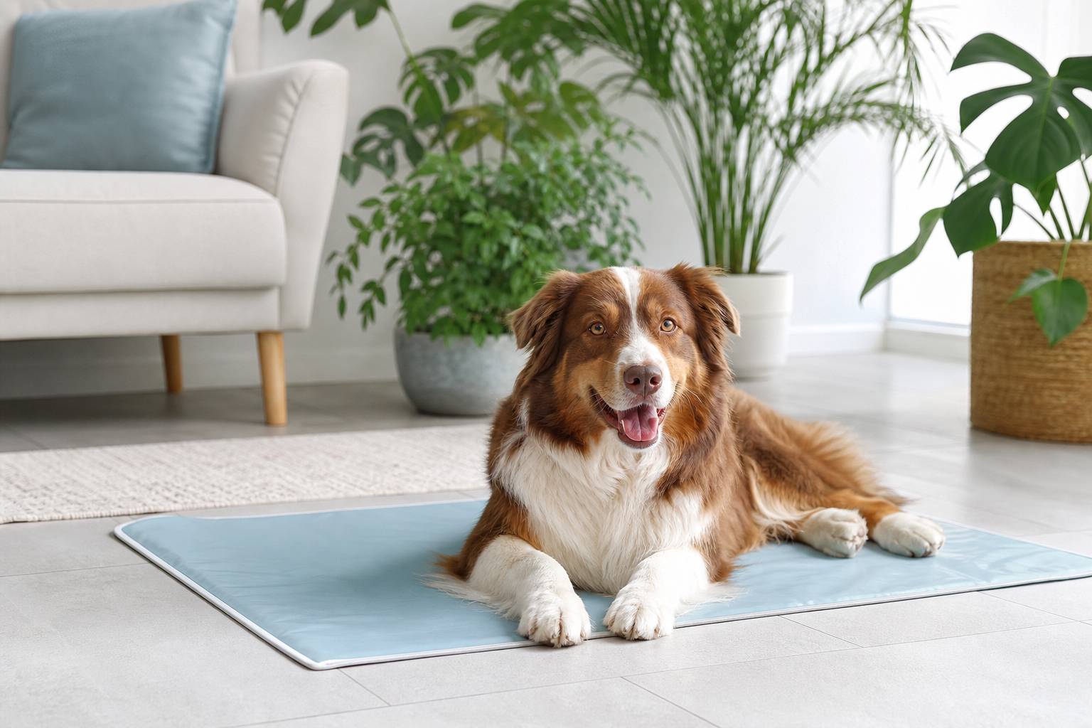 Chien allongé sur tapis rafraîchissant en gel dans salon lumineux