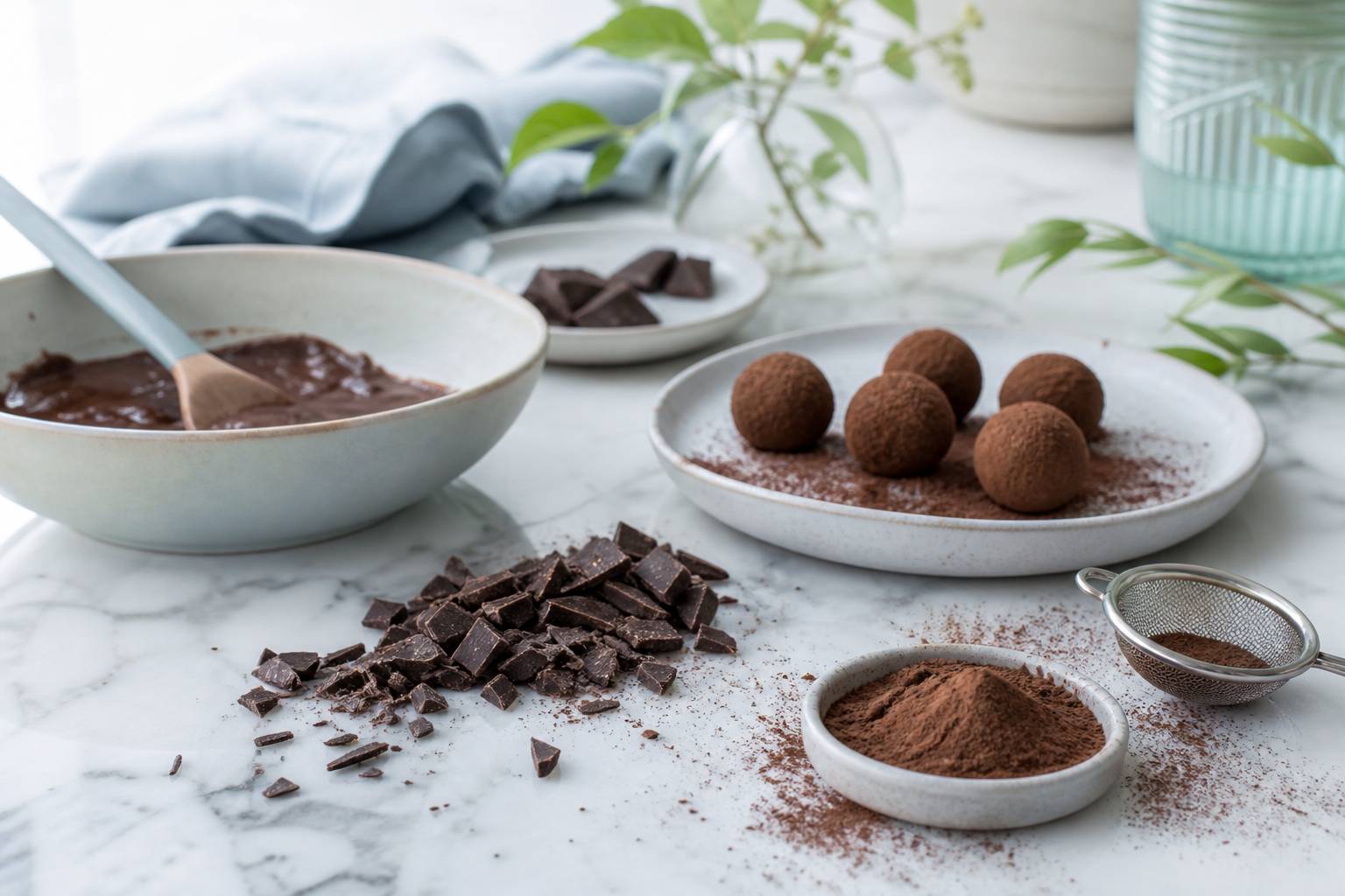 Chocolat noir concassé et cacao en poudre sur marbre, préparation de truffes