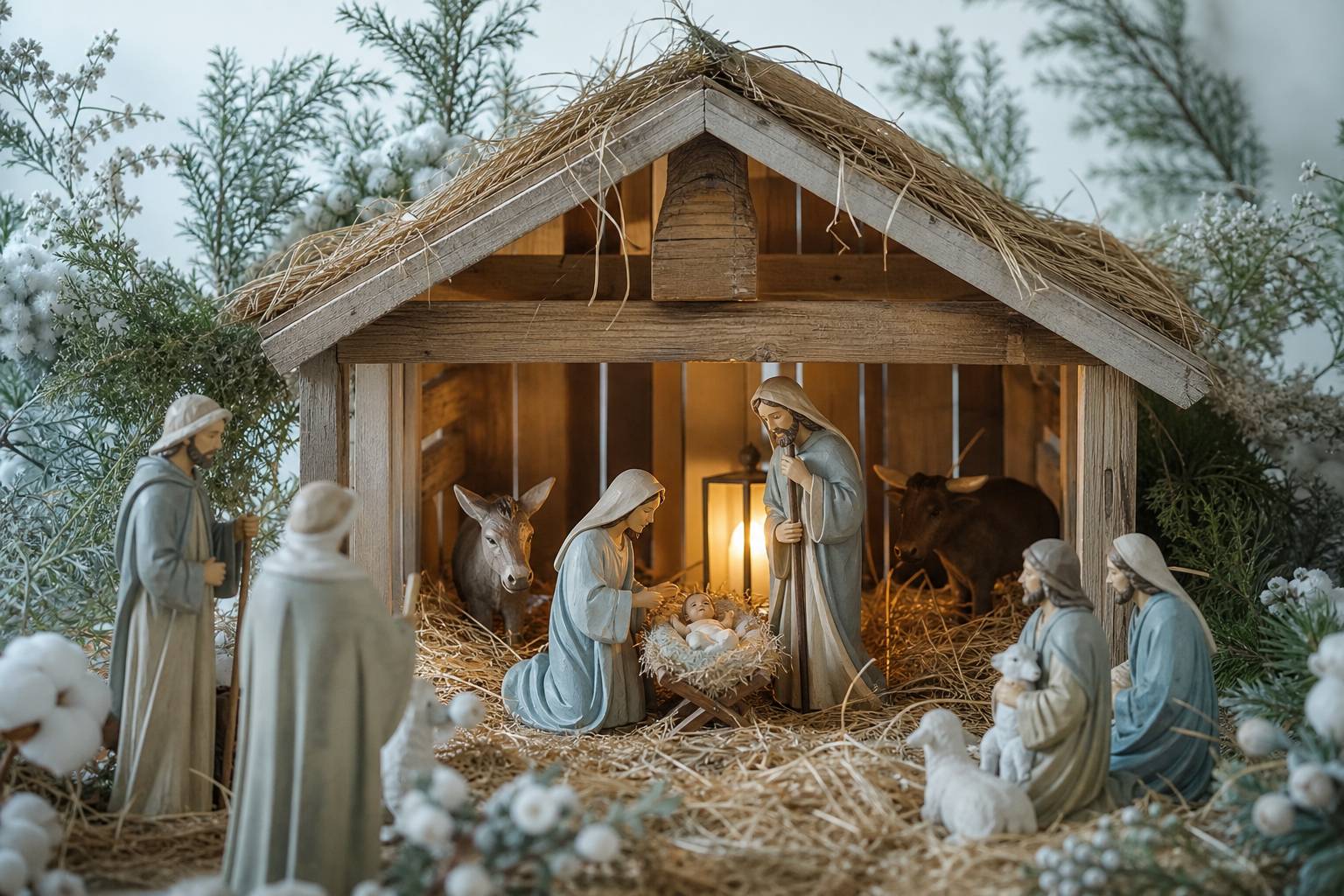 Décoration de Noël traditionnelle avec crèche artisanale et lumière chaleureuse