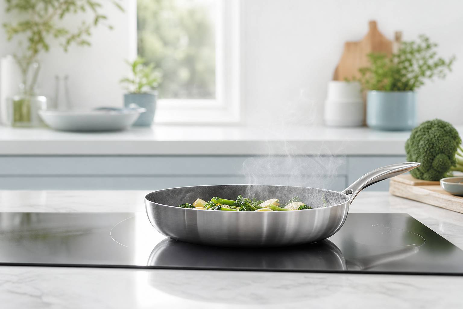 Cuisine moderne avec sauteuse et légumes frais en préparation