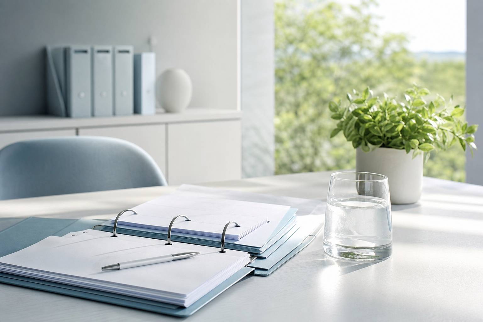 Classeur ouvert sur bureau avec documents rangés et stylo