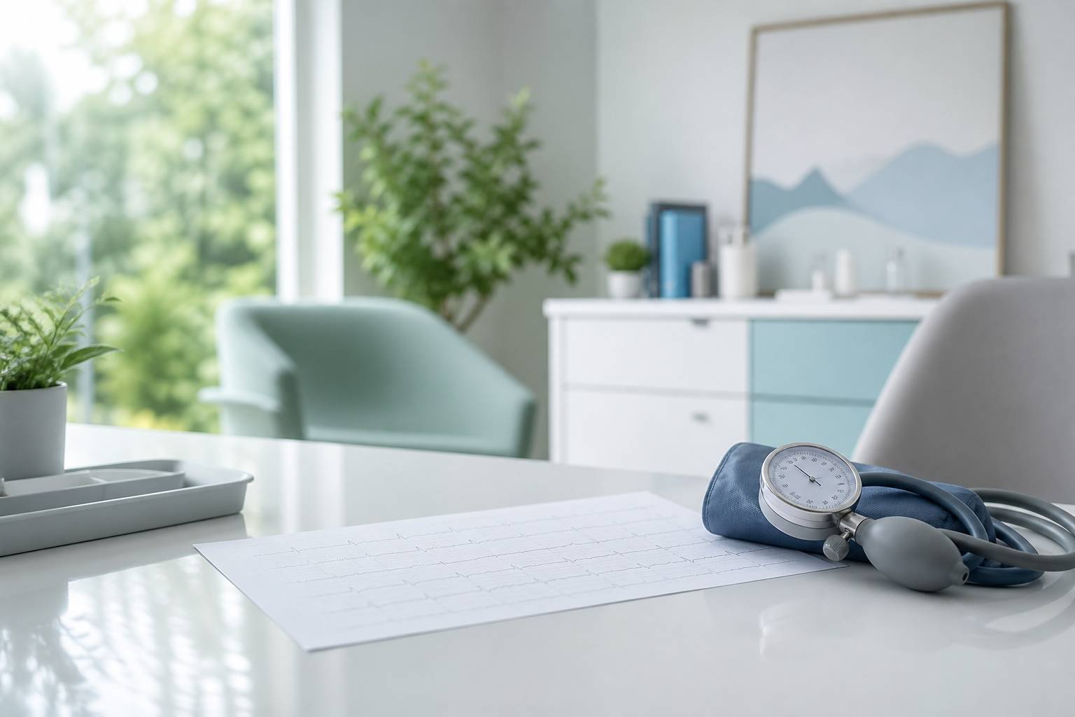 Electrocardiogramme et brassard tension sur bureau medical