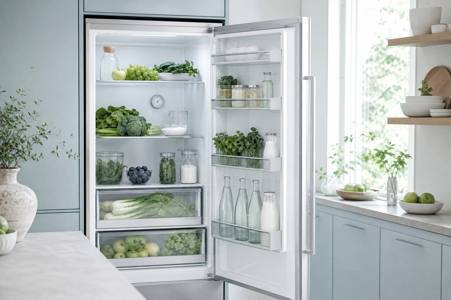 Cuisine organisée avec réfrigérateur bien approvisionné pour l'été