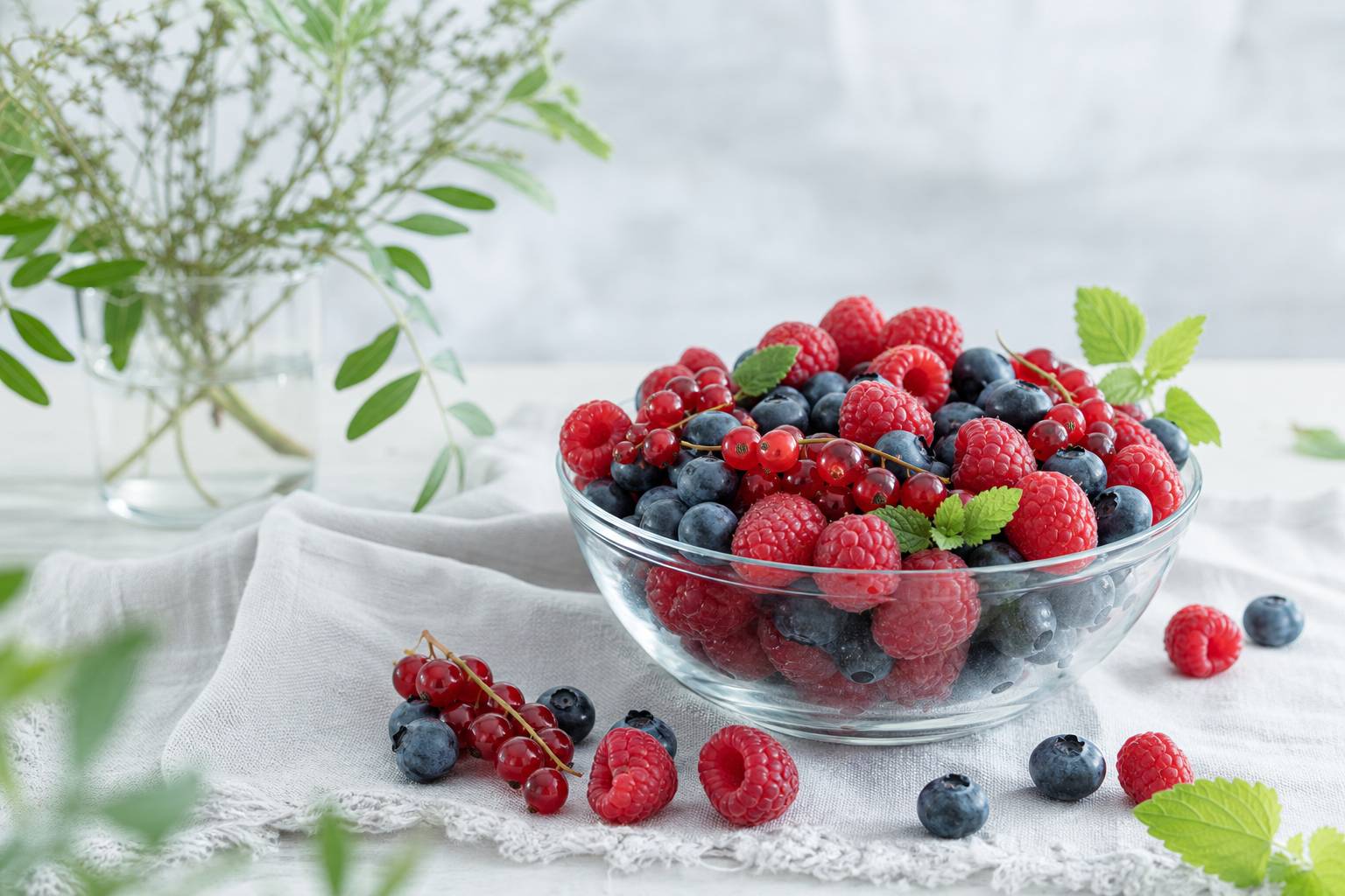 Fruits rouges frais framboises myrtilles groseilles dans bol en verre