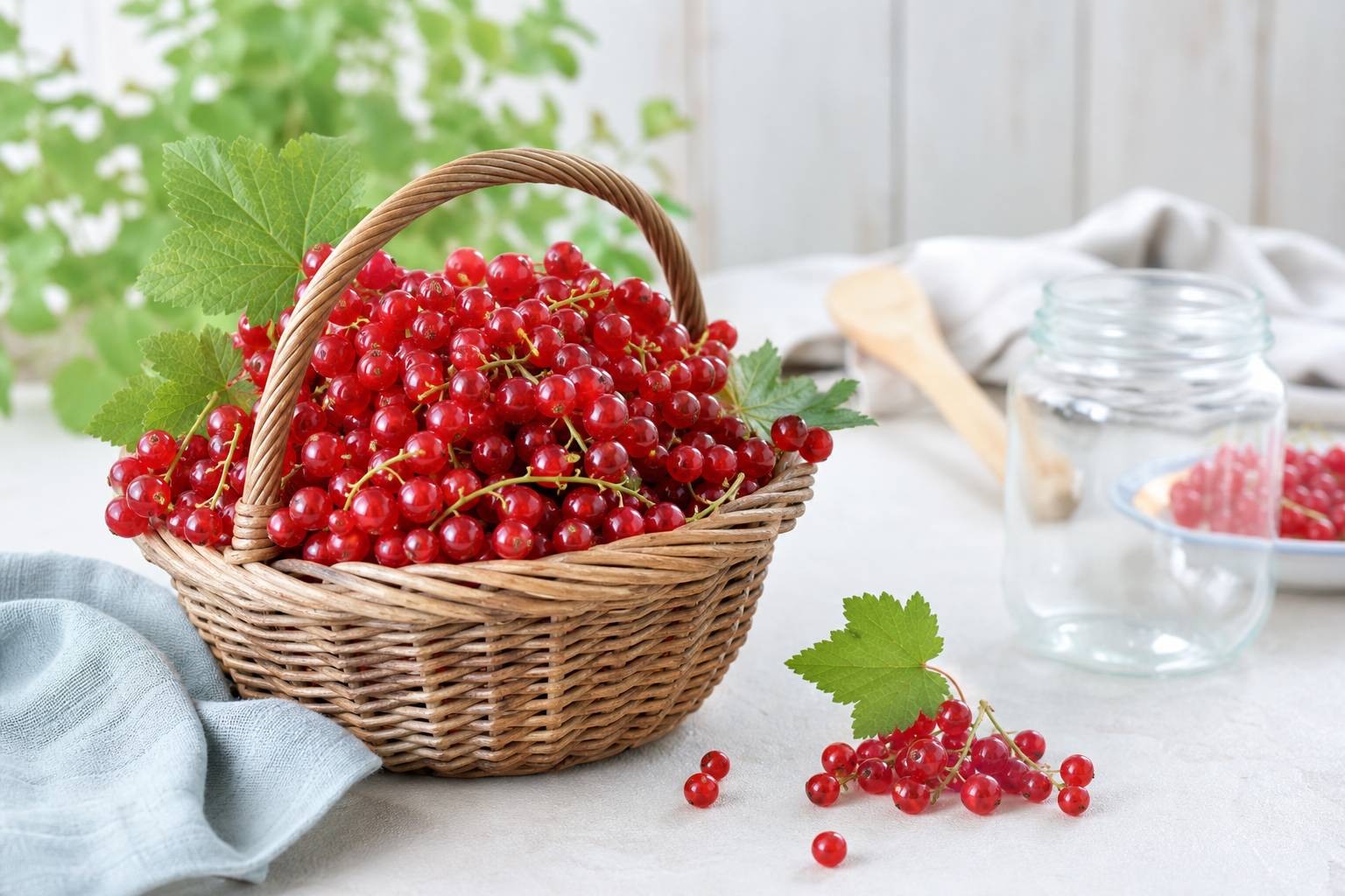 Groseilles fraiches dans panier en osier, preparation confiture
