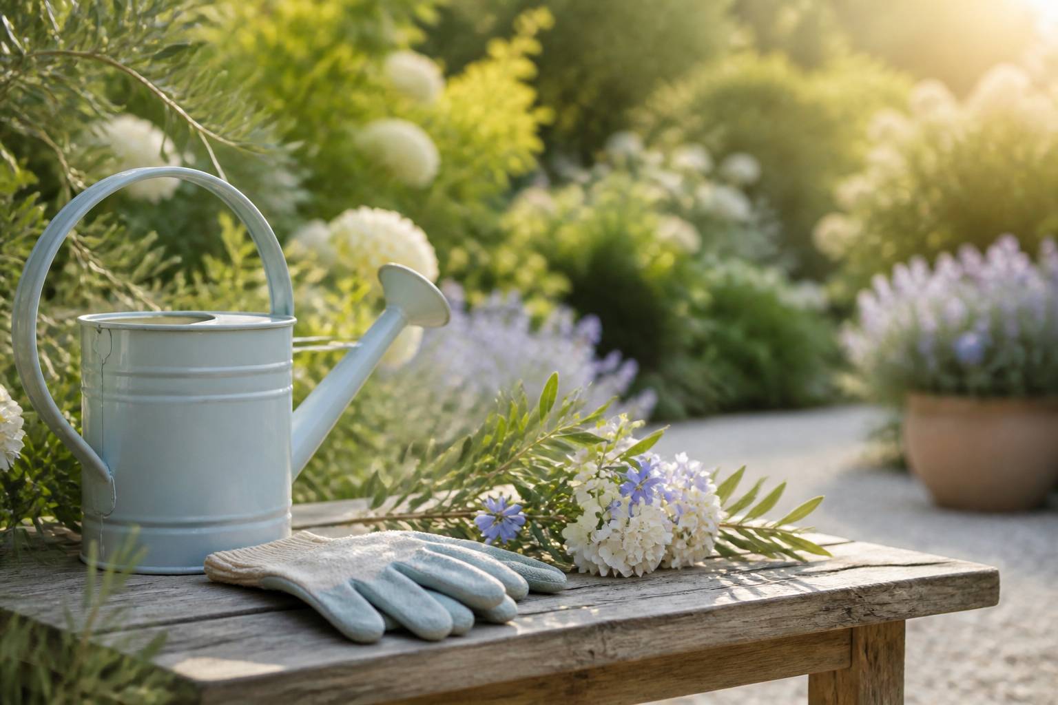Jardin fleuri avec arrosoir et gants de jardinage sur table en bois