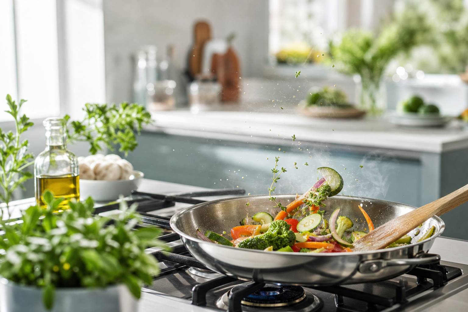 Legumes sautes dans poele en inox avec spatule en bois
