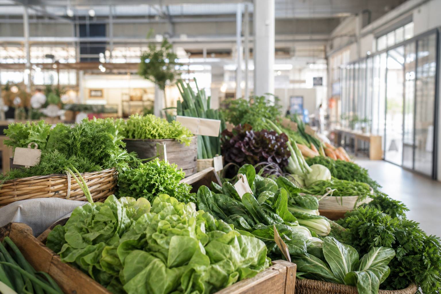 Étal de marché couvert avec salades bio et légumes frais