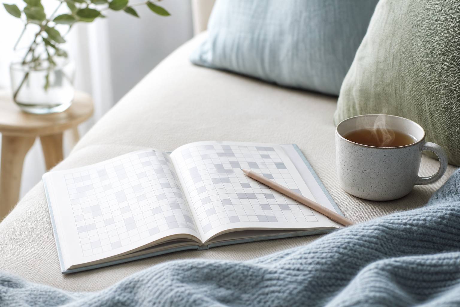 Carnet de mots croisés, crayon et tasse de thé sur canapé cosy