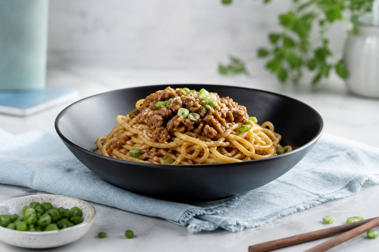 Nouilles de ramen avec porc hache epic, sesame et oignons verts