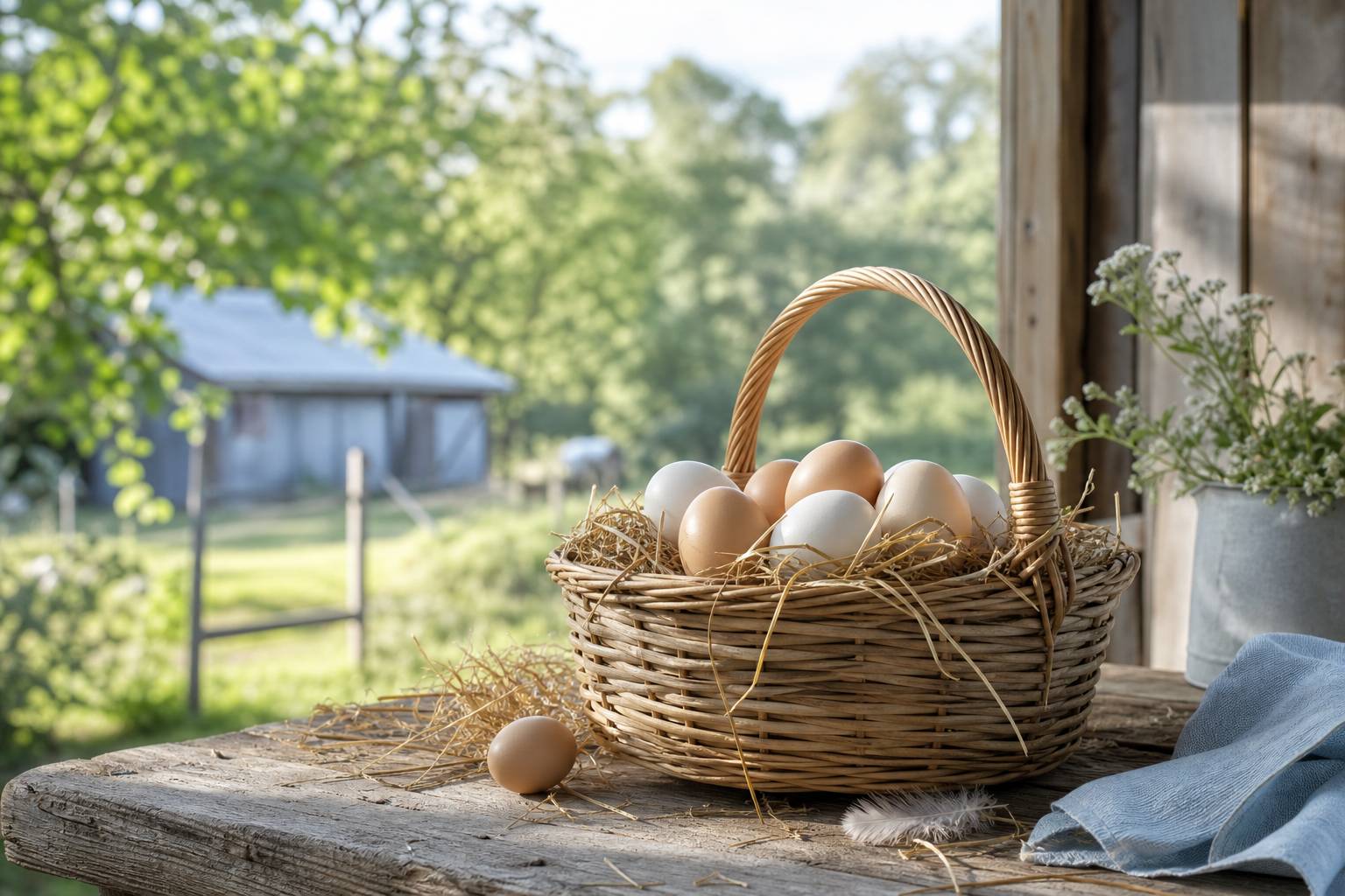 Œufs frais de ferme présentés dans un panier avec paille