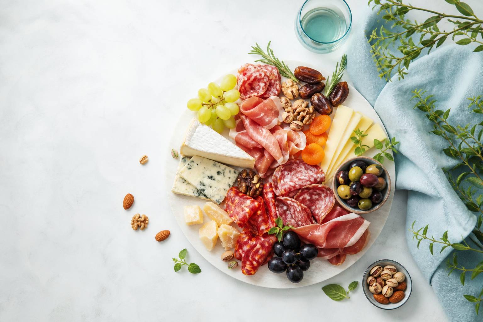 Planche de charcuterie et fromages vue de dessus fruits secs
