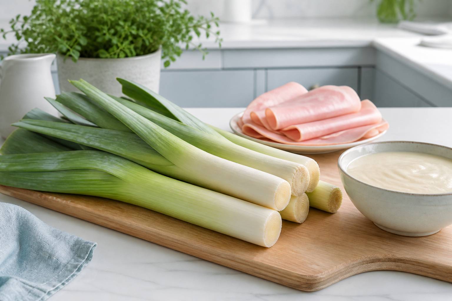 Poireaux frais, jambon blanc et béchamel pour gratin