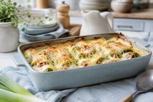 Délicieux poireaux au jambon gratinés à la béchamel onctueuse