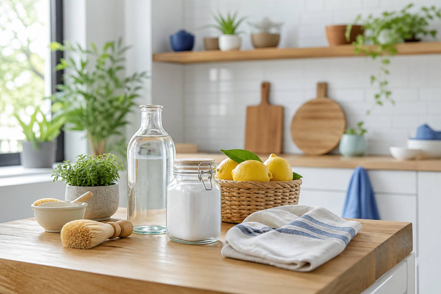 Produits menagers naturels sur un plan de travail, vinaigre bicarbonate citron eco-responsable