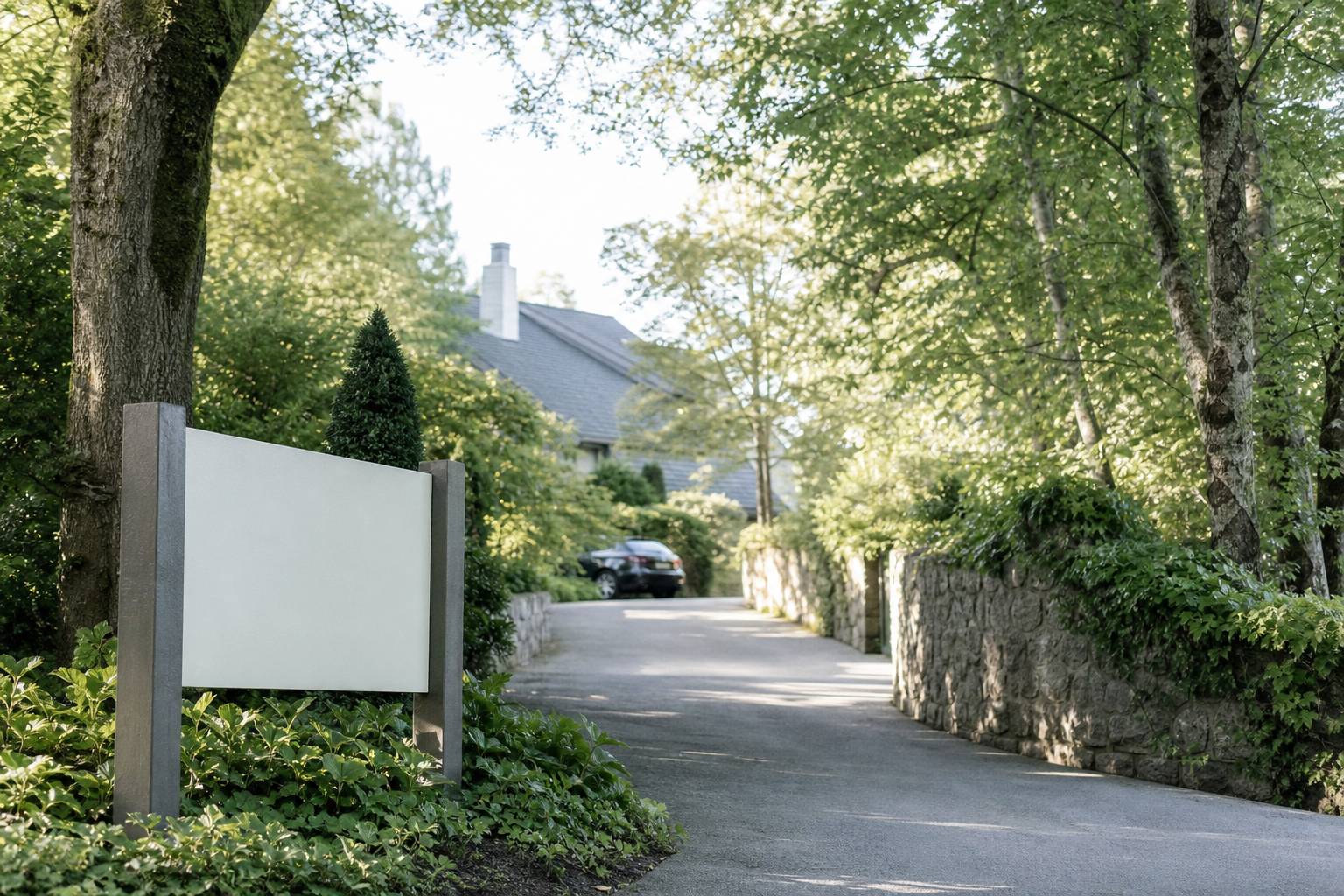 Panneau de propriété privée le long d'une allée arborée résidentielle