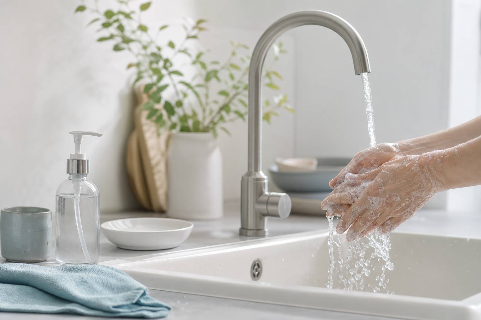 Mains adultes avec mousse de savon sous un robinet gel hydroalcoolique sur le rebord