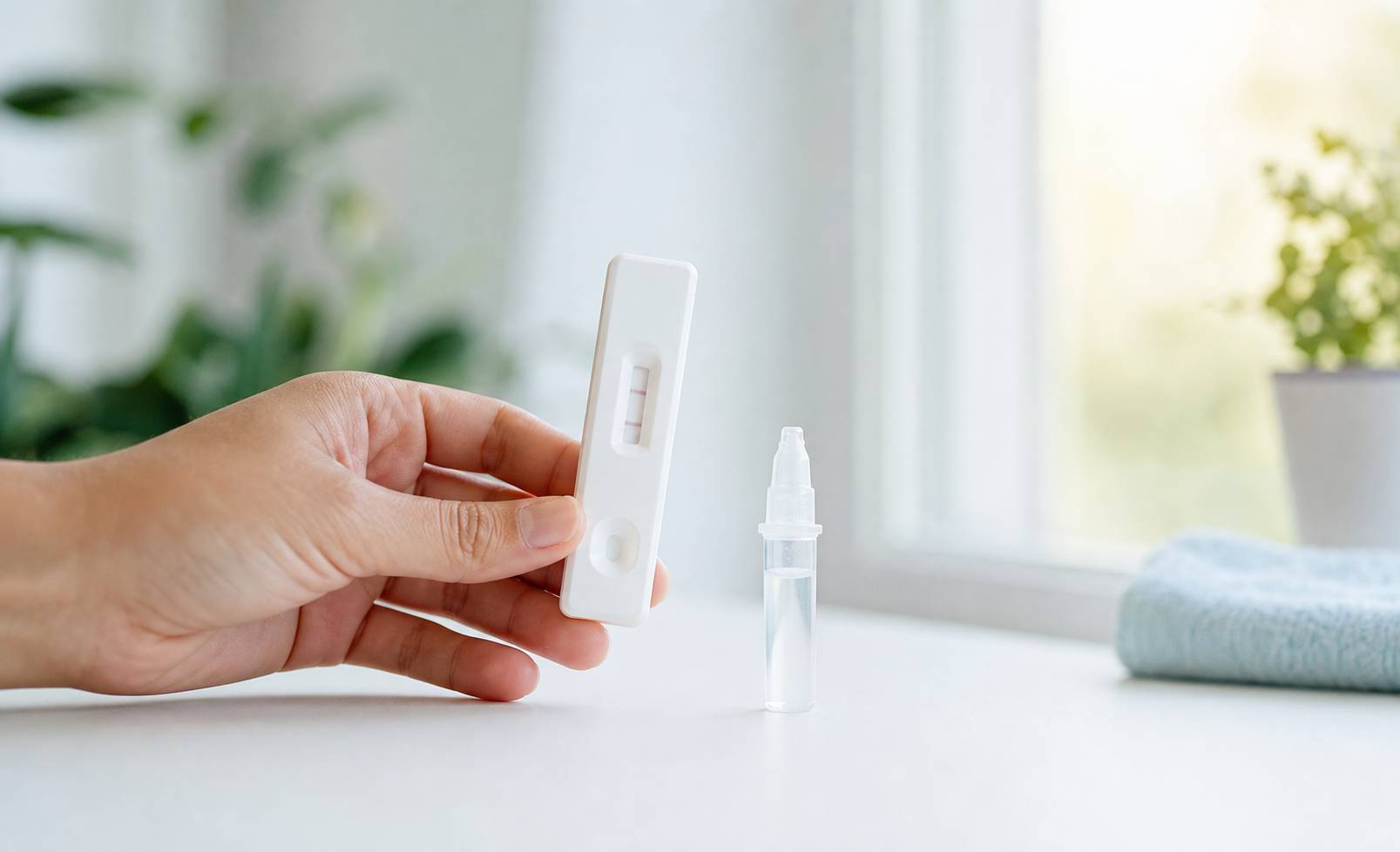 Main tenant une plaque de test antigenique avec deux lignes reactives sur fond blanc