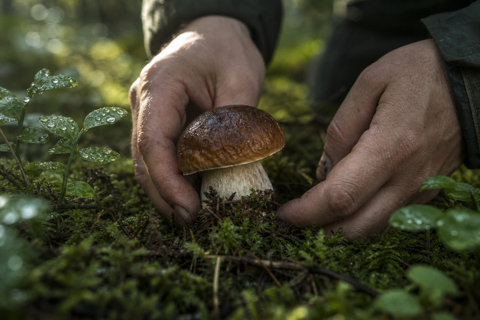 Main cueillant un champignon sauvage en forêt au petit matin