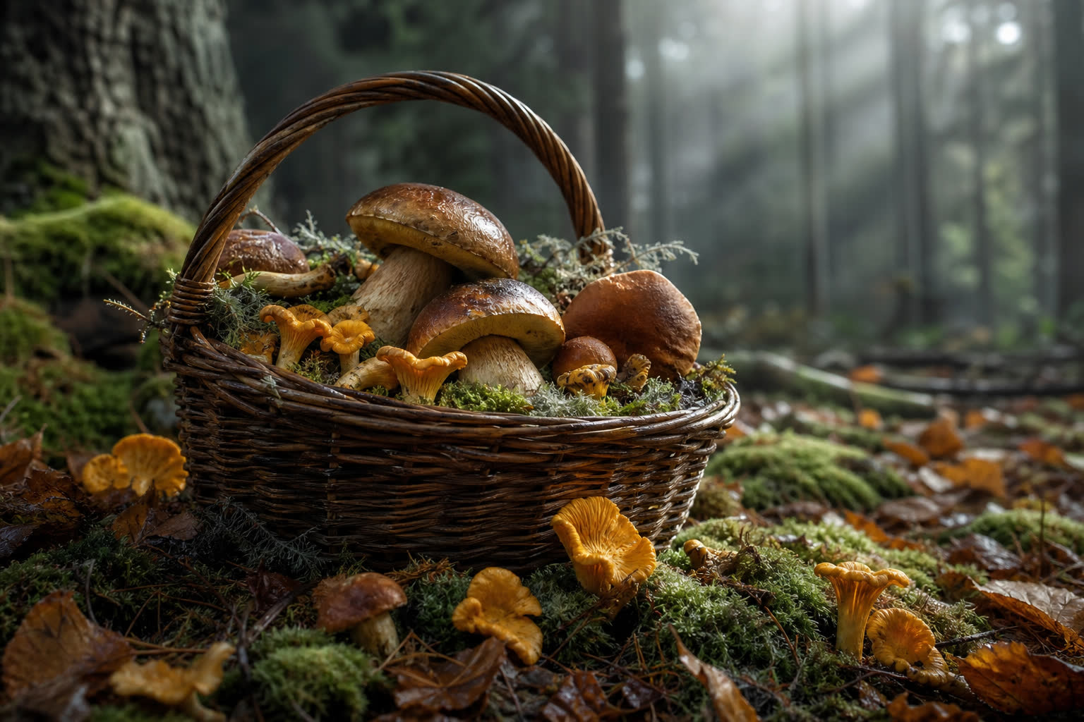 Panier de champignons sauvages dans une clairière en forêt