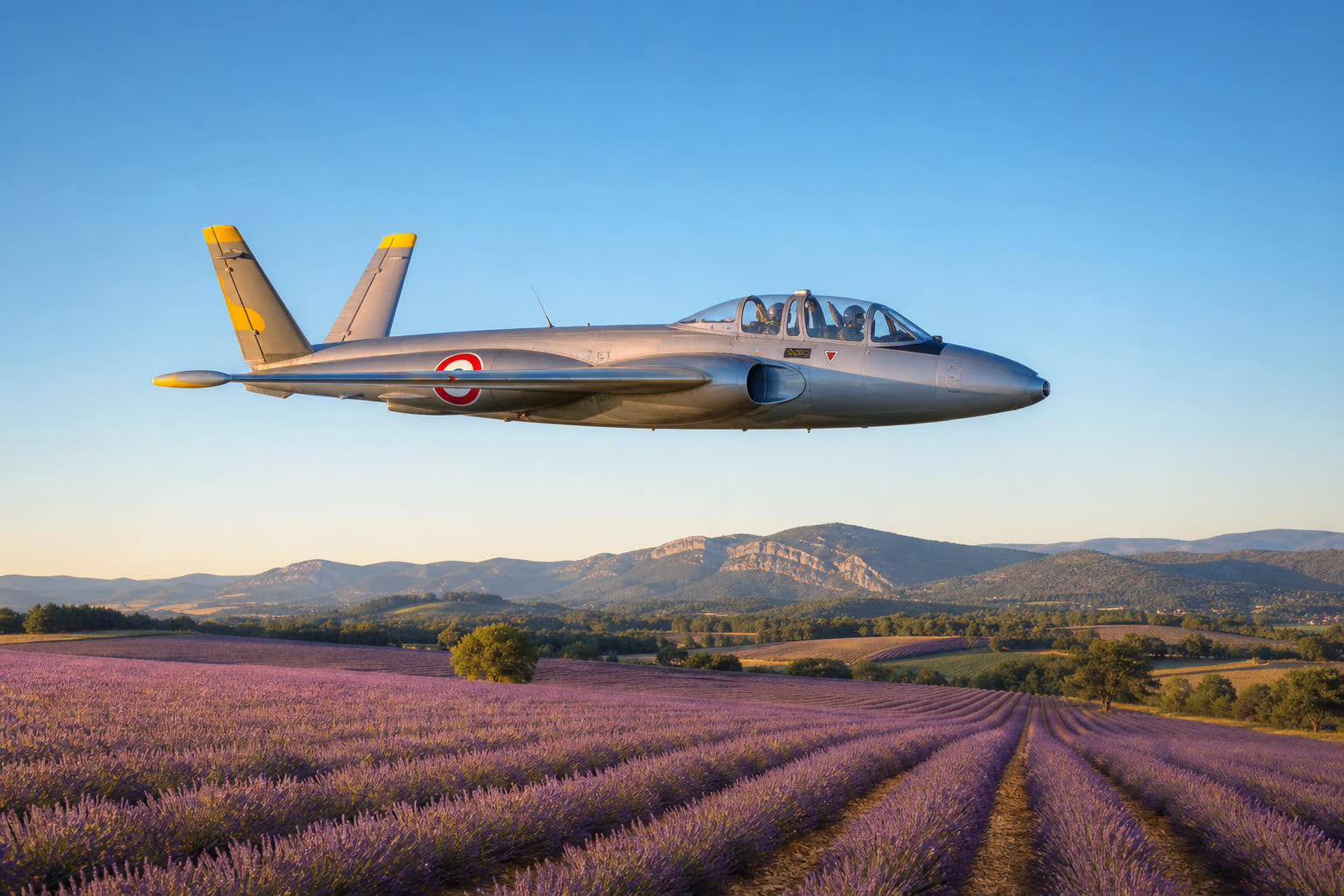 Avion Fouga Magister en vol au-dessus des lavandes de Provence