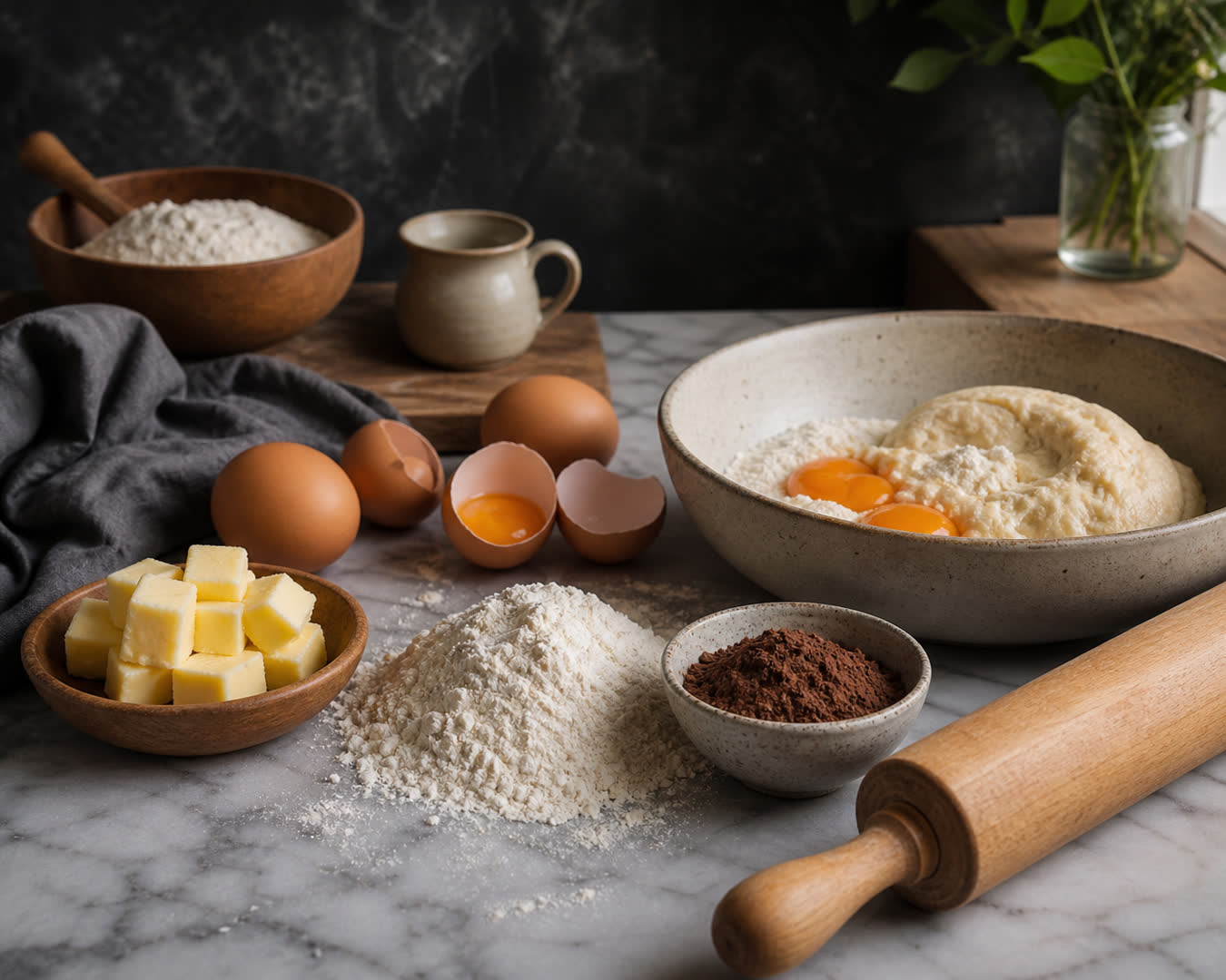 Ingrédients de brioche : farine, oeufs, beurre et cacao sur marbre