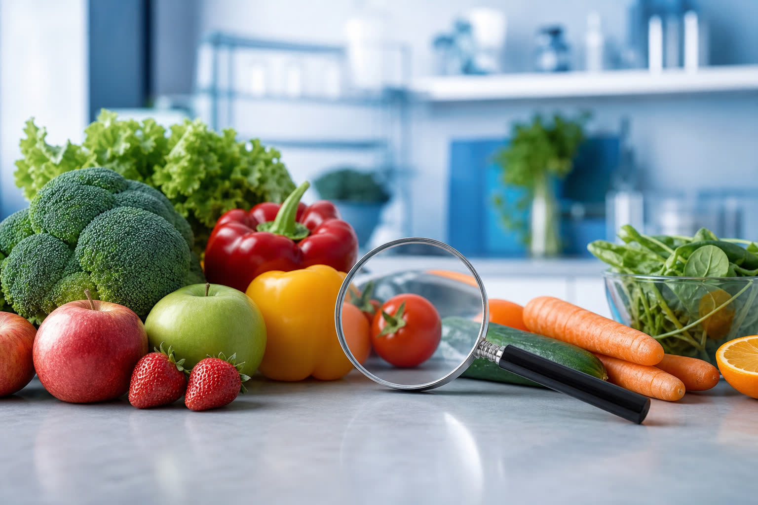 Fruits et légumes frais avec loupe symbolisant la sécurité alimentaire