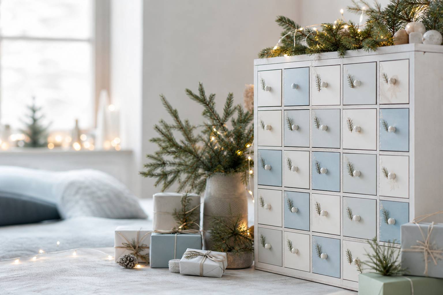 Calendrier de l'Avent décoré avec petits cadeaux emballés et lumières scintillantes