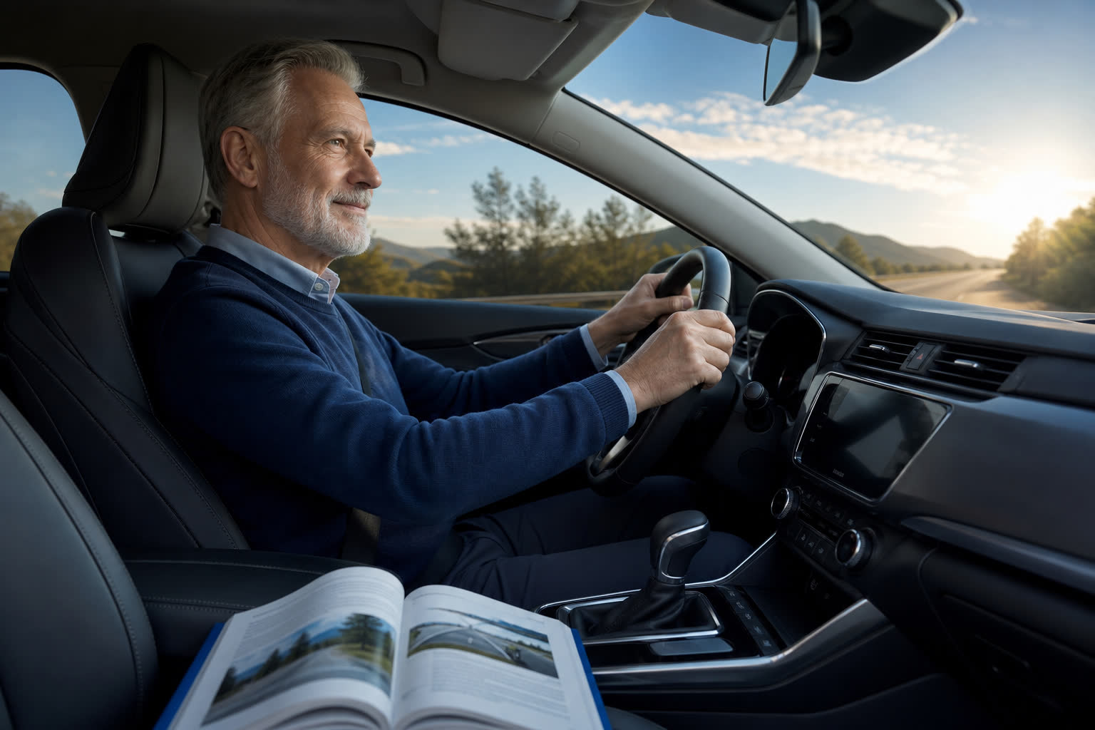 Senior conduisant avec manuel du code de la route sur le siège passager