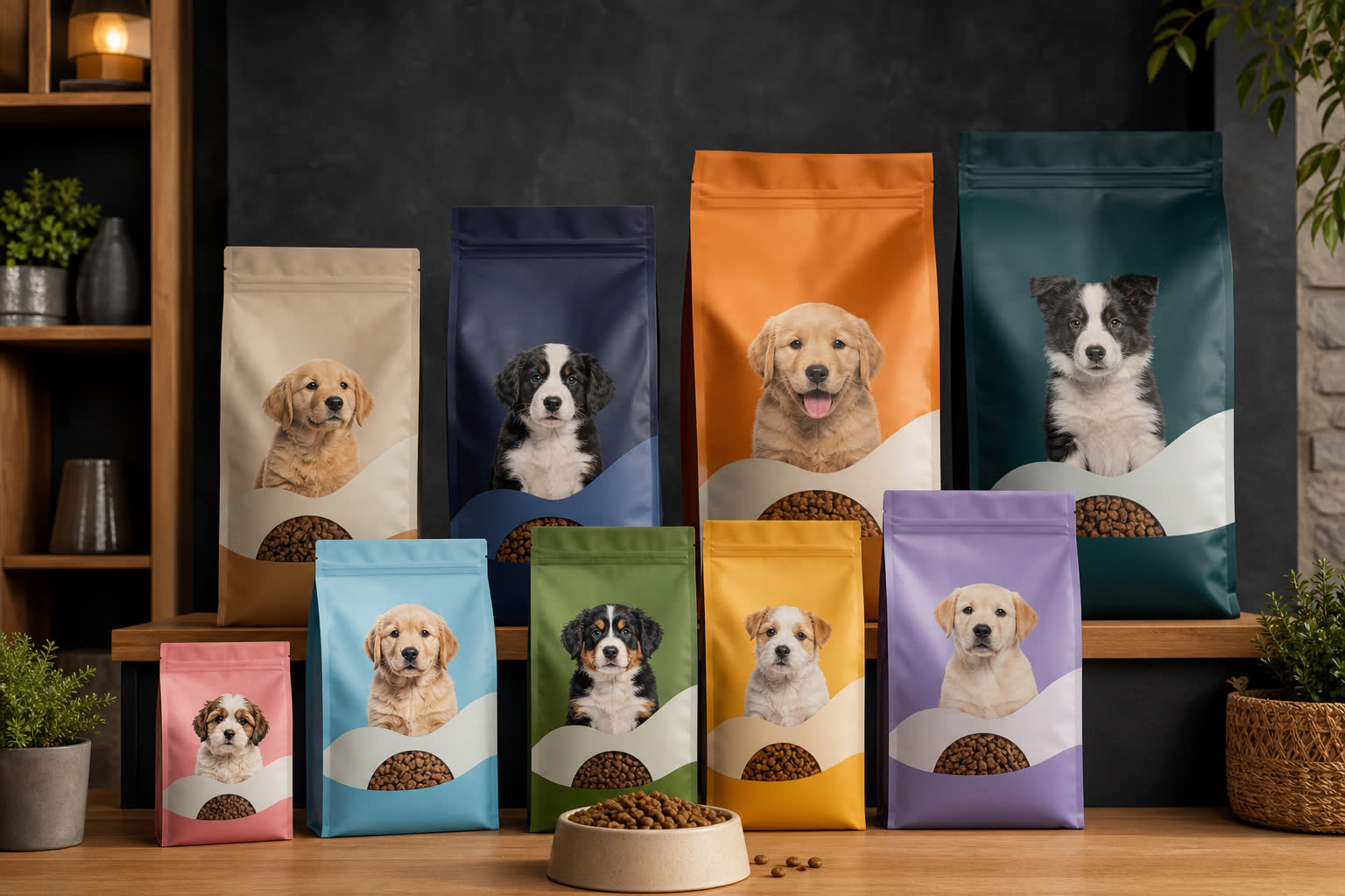 Sélection de croquettes pour chiots en sachets de différentes marques
