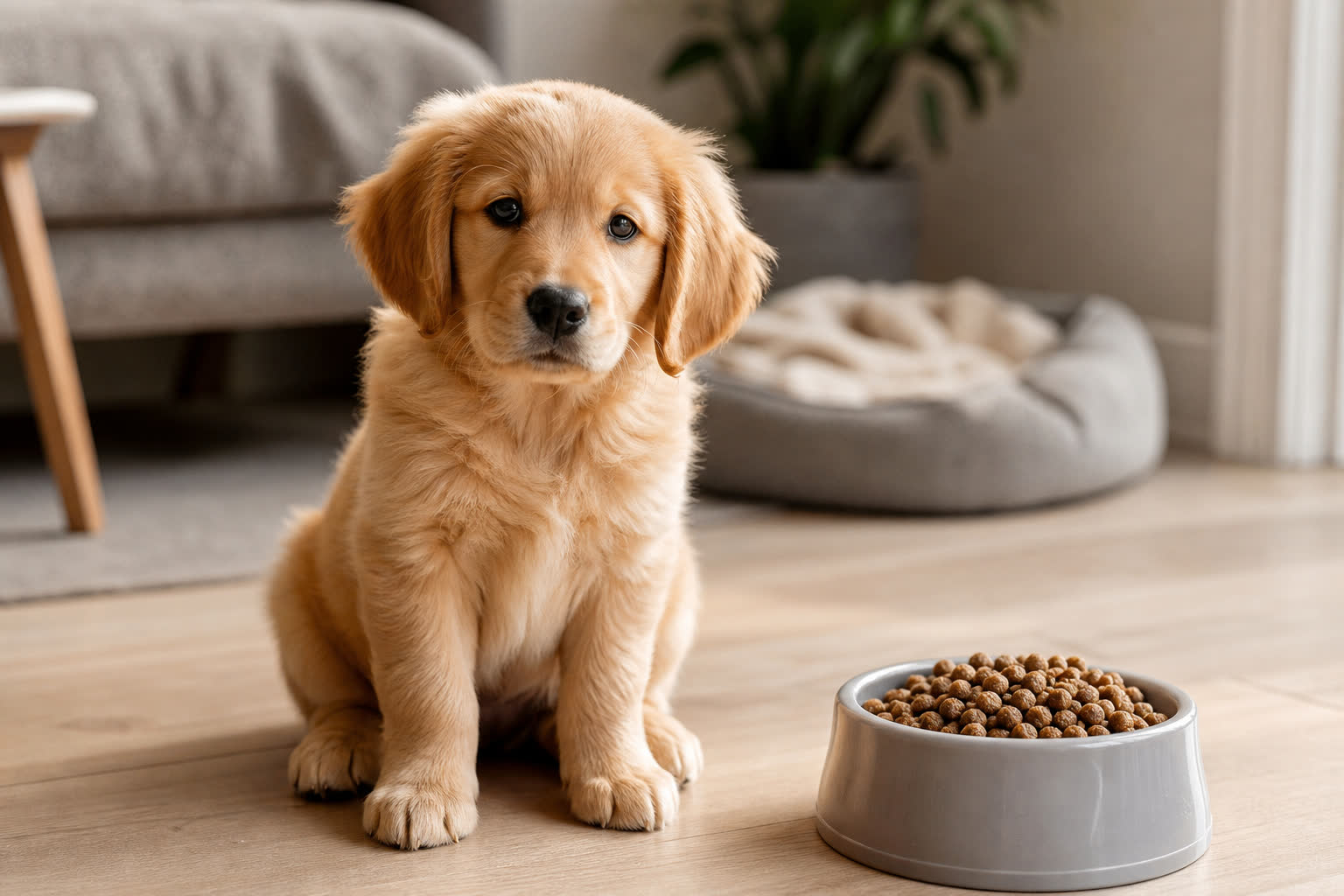 Chiot Golden Retriever assis près d'une gamelle de croquettes
