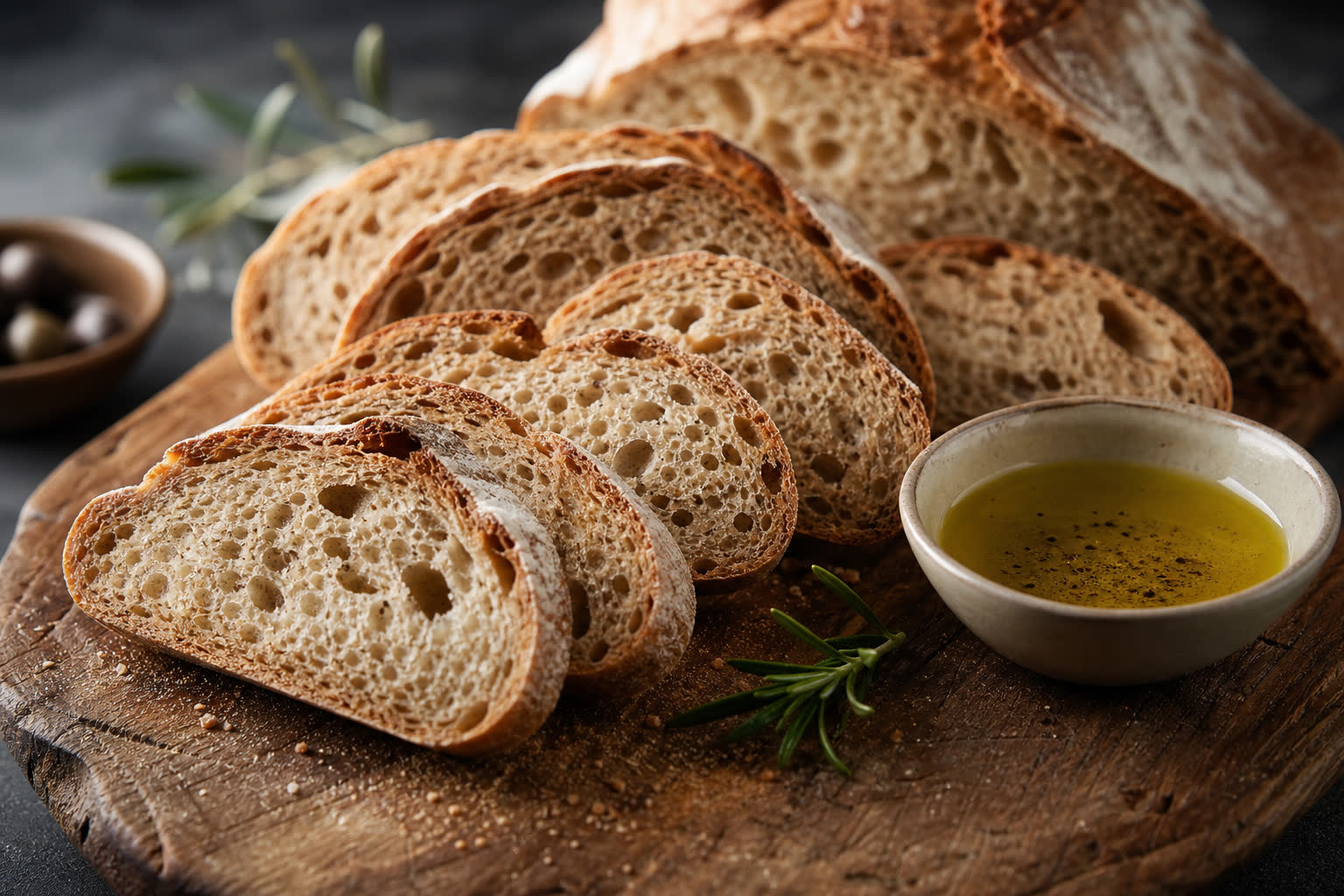 Tranches de pain d'épeautre et petit épeautre avec huile d'olive