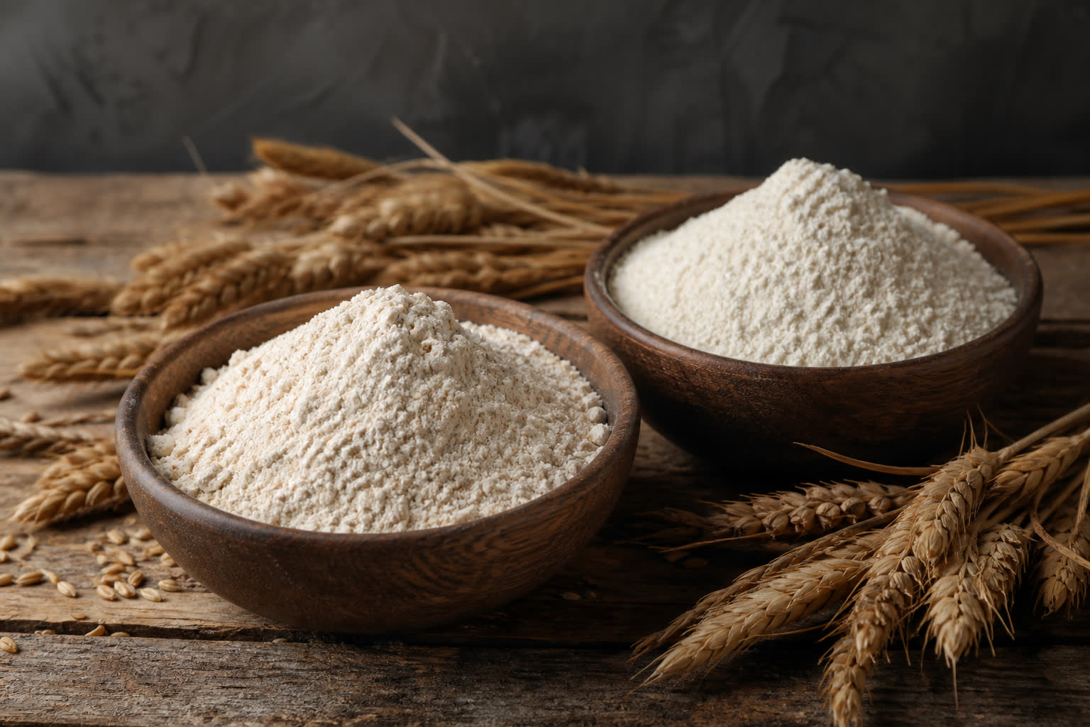 Farine d'épeautre et petit épeautre dans des bols en bois