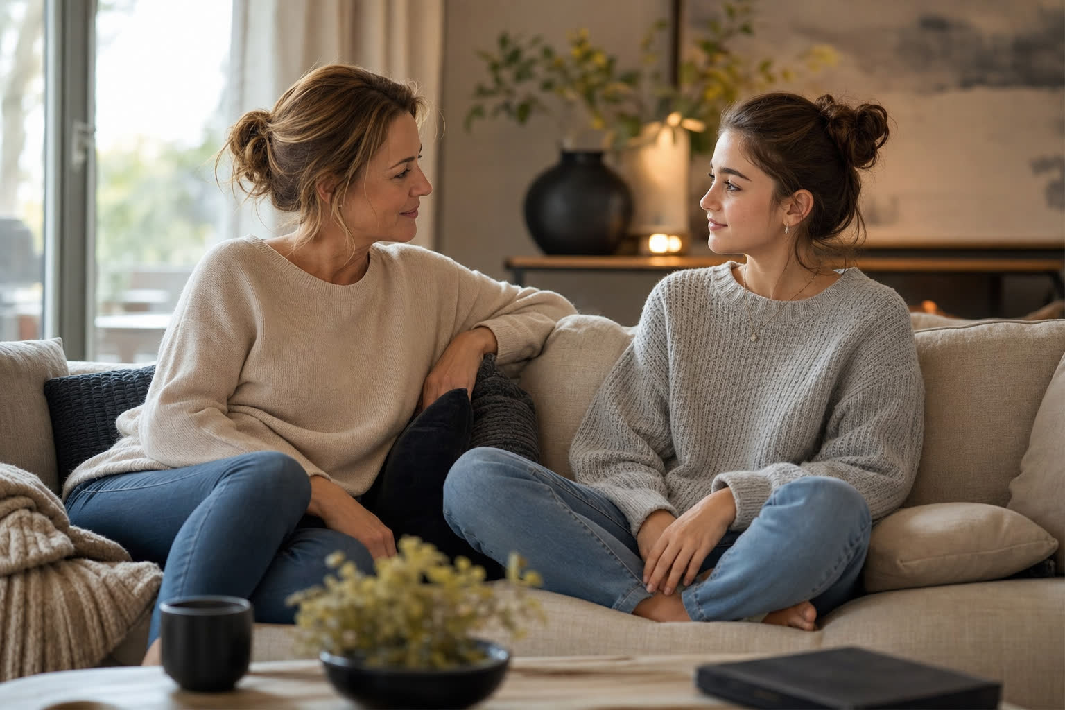 Mère et adolescente discutant calmement sur un canapé