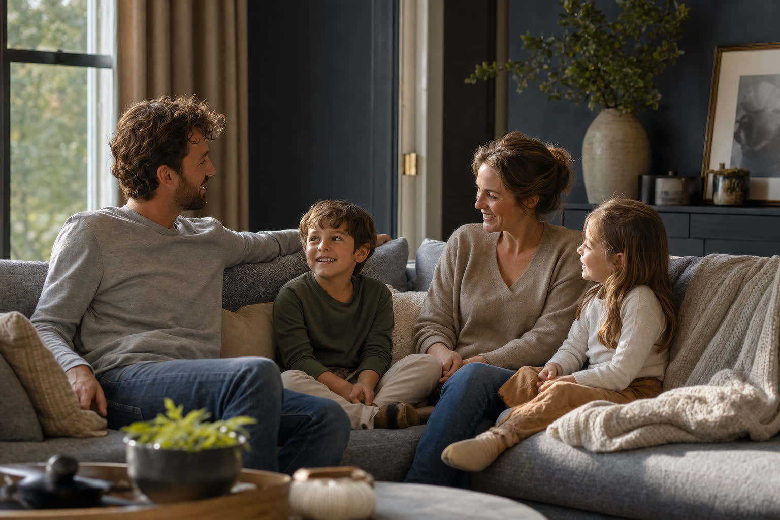 Famille discutant sereinement dans un salon chaleureux