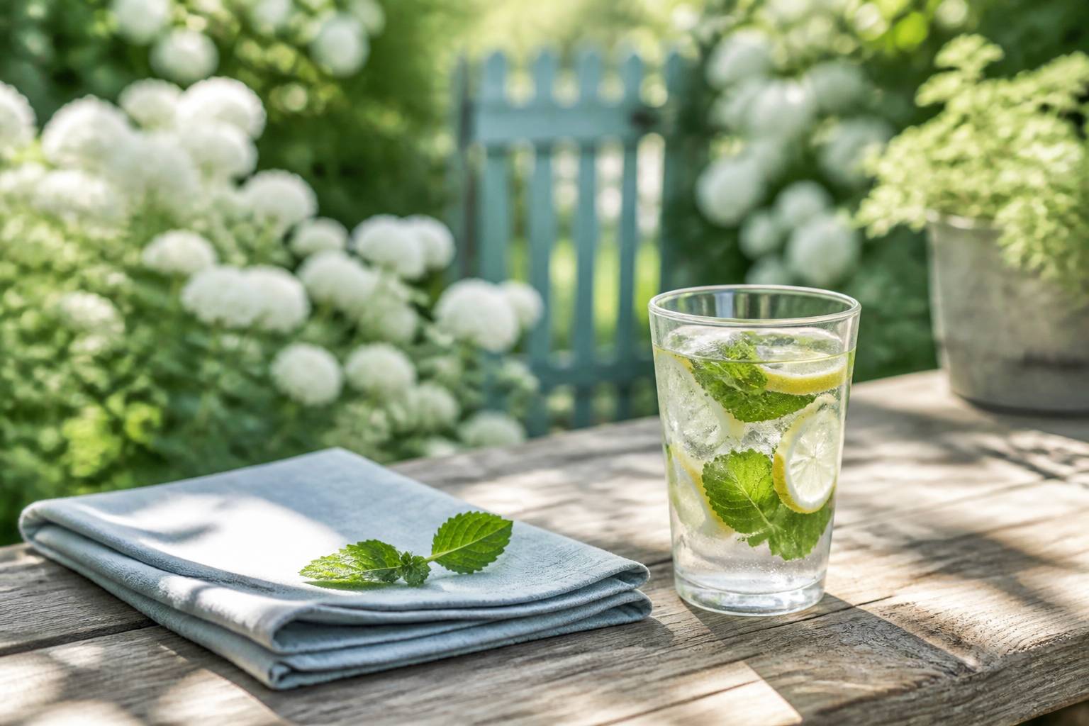 Verre d eau avec citron et menthe sur table bois jardin ensoleille fraicheur