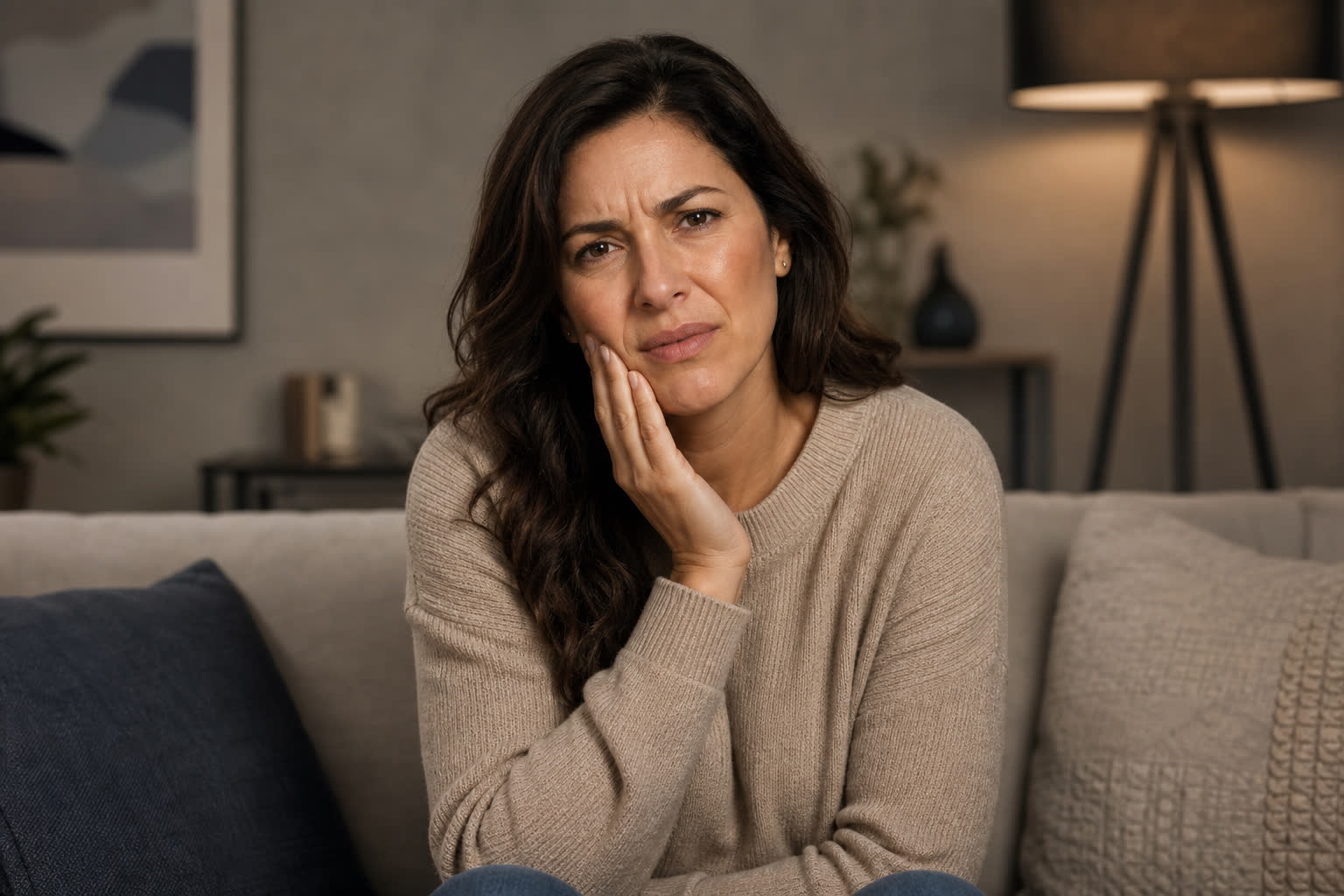 Femme tenant sa mâchoire douloureuse, expression de gêne