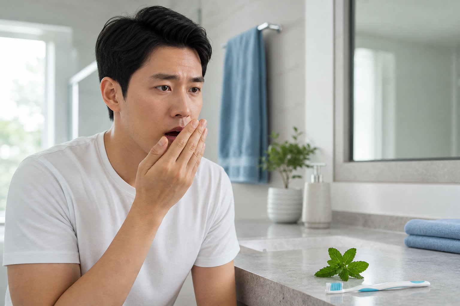 Personne gênée par une mauvaise haleine, menthe et brosse à dents