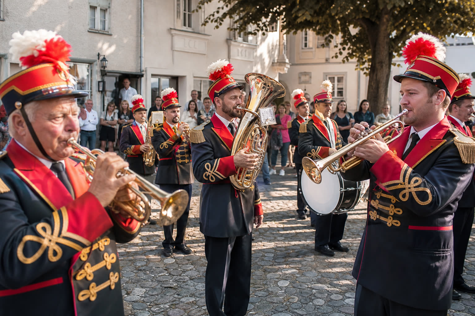 Fanfare jouant sur une place de village aux couleurs vives