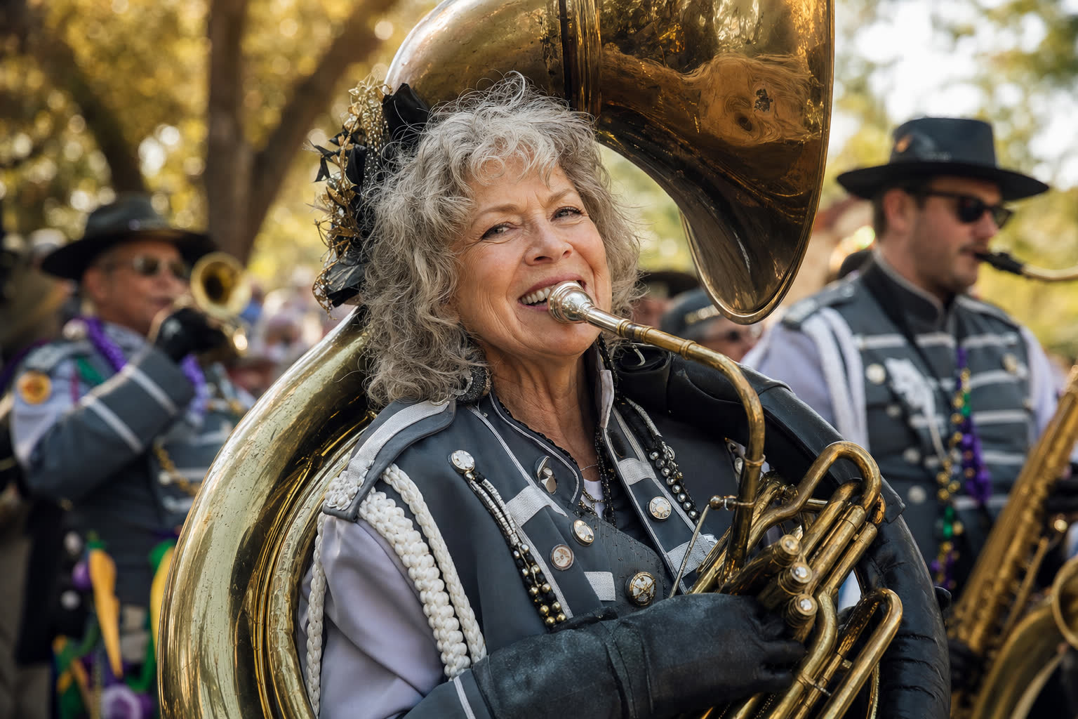 Femme jouant du saxophone dans une fanfare municipale en plein air