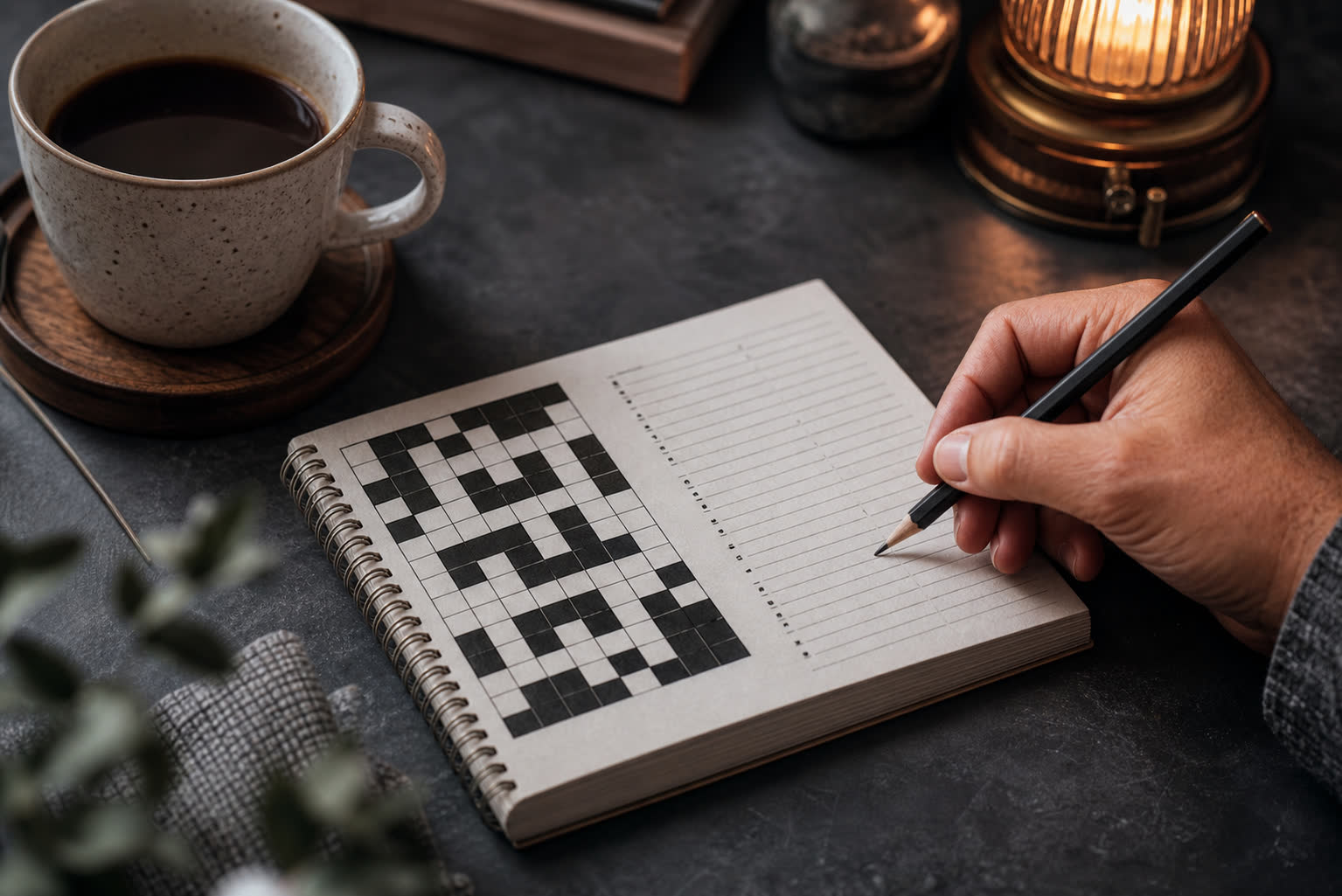 Carnet de mots fléchés avec crayon et tasse de café