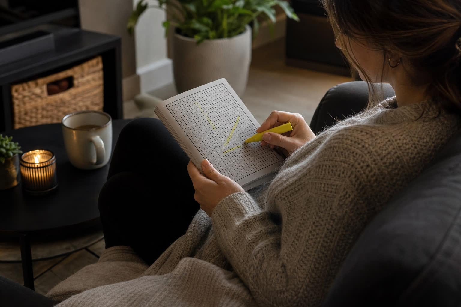 Personne entourant des mots dans une grille de mots mêlés