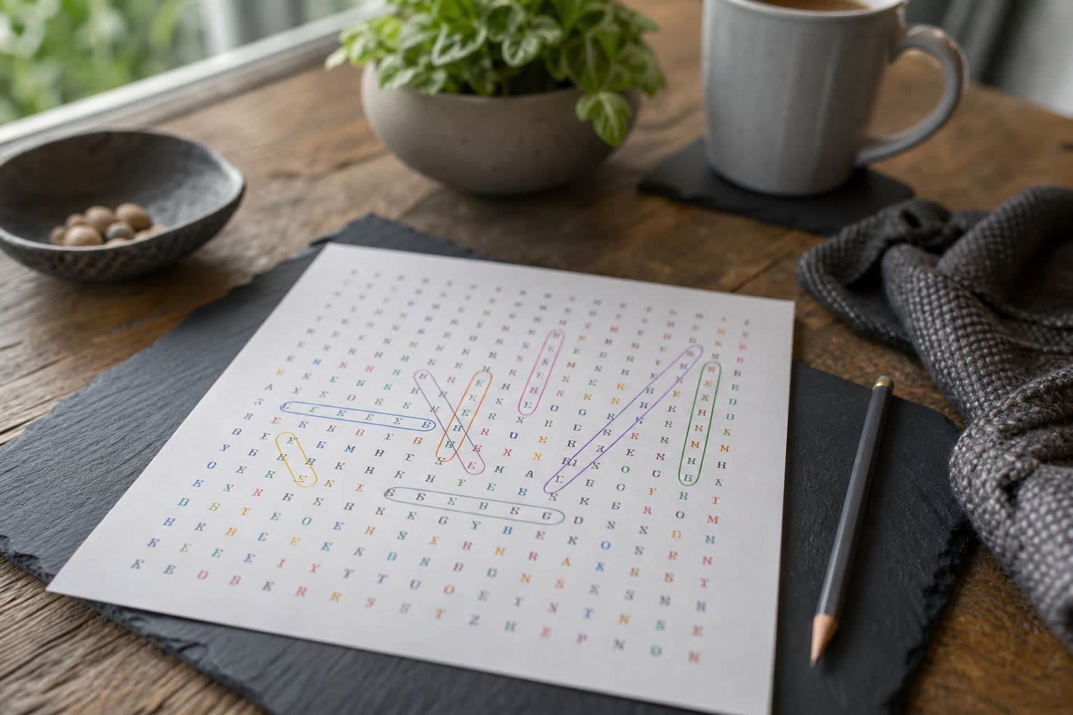 Grille de mots mêlés avec lettres colorées et crayon