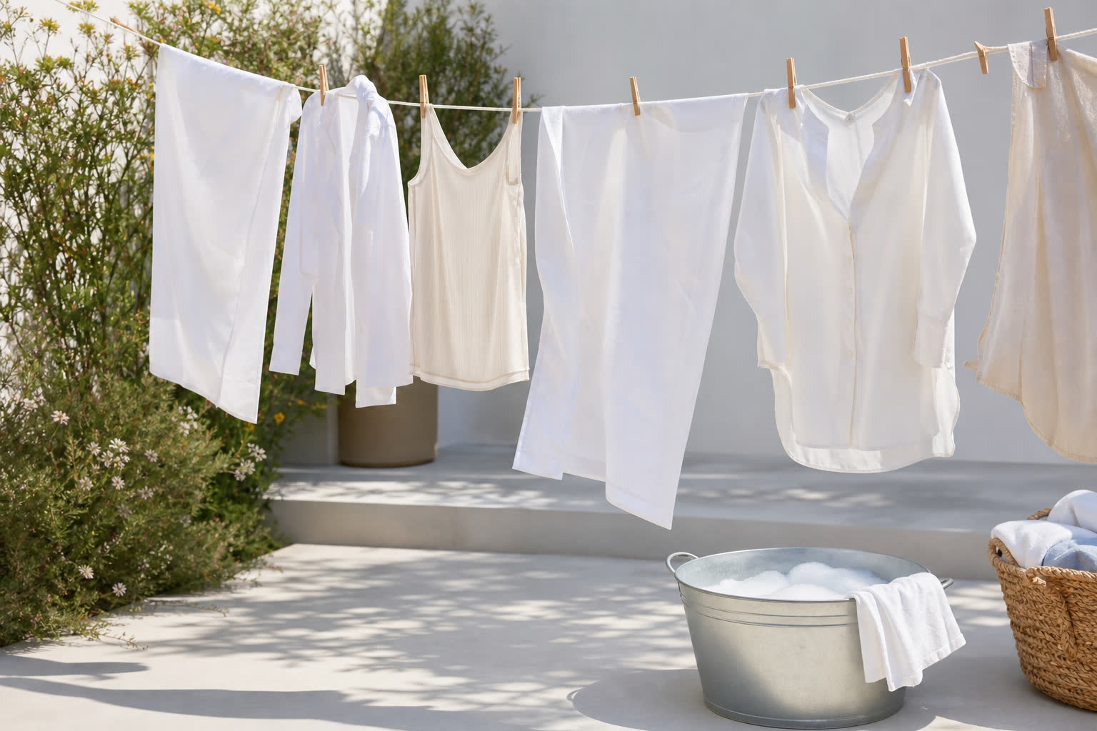 Linge blanc nettoyé au percarbonate de soude séchant au soleil