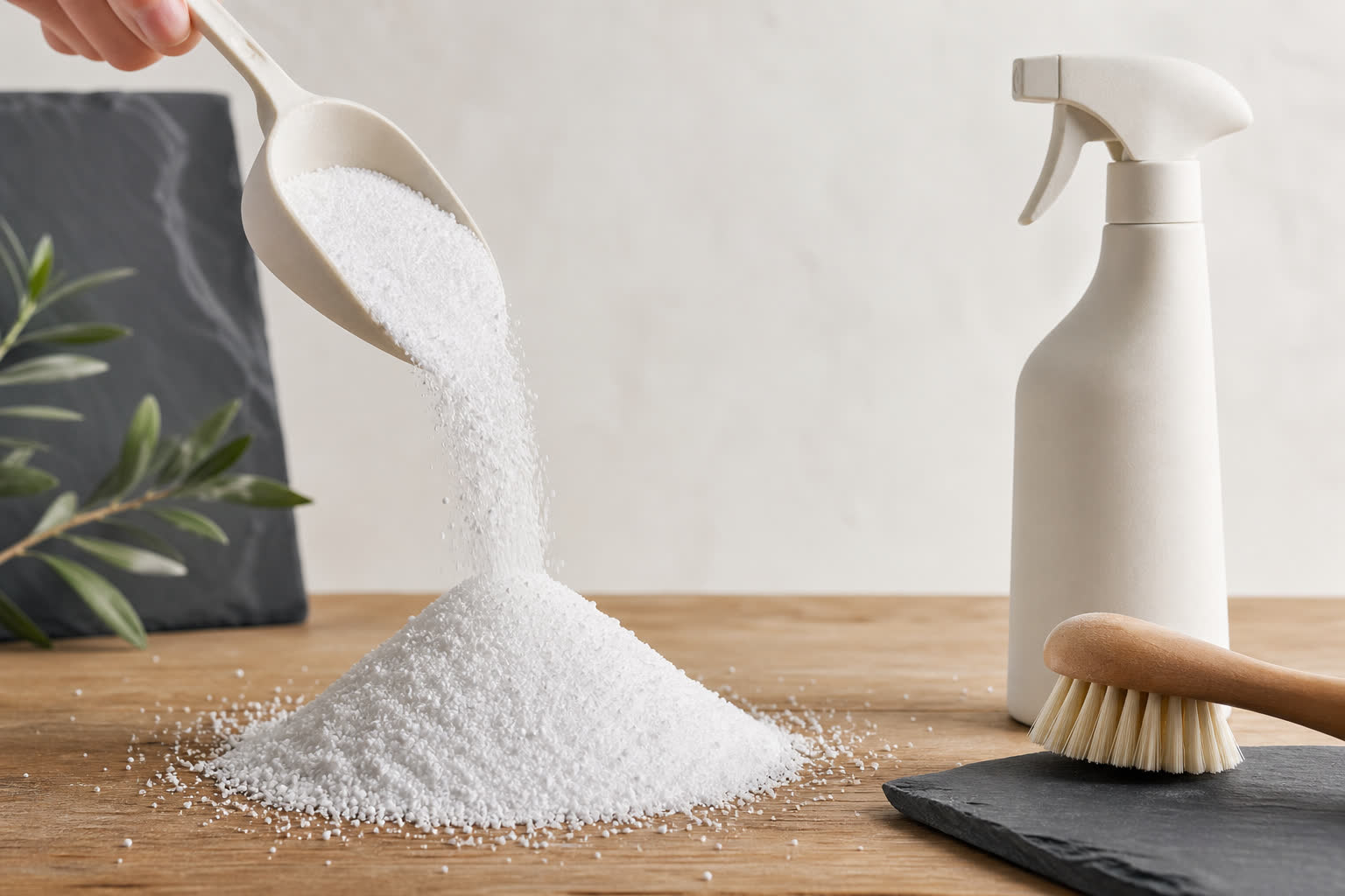 Percarbonate de soude en poudre versé sur une surface en bois