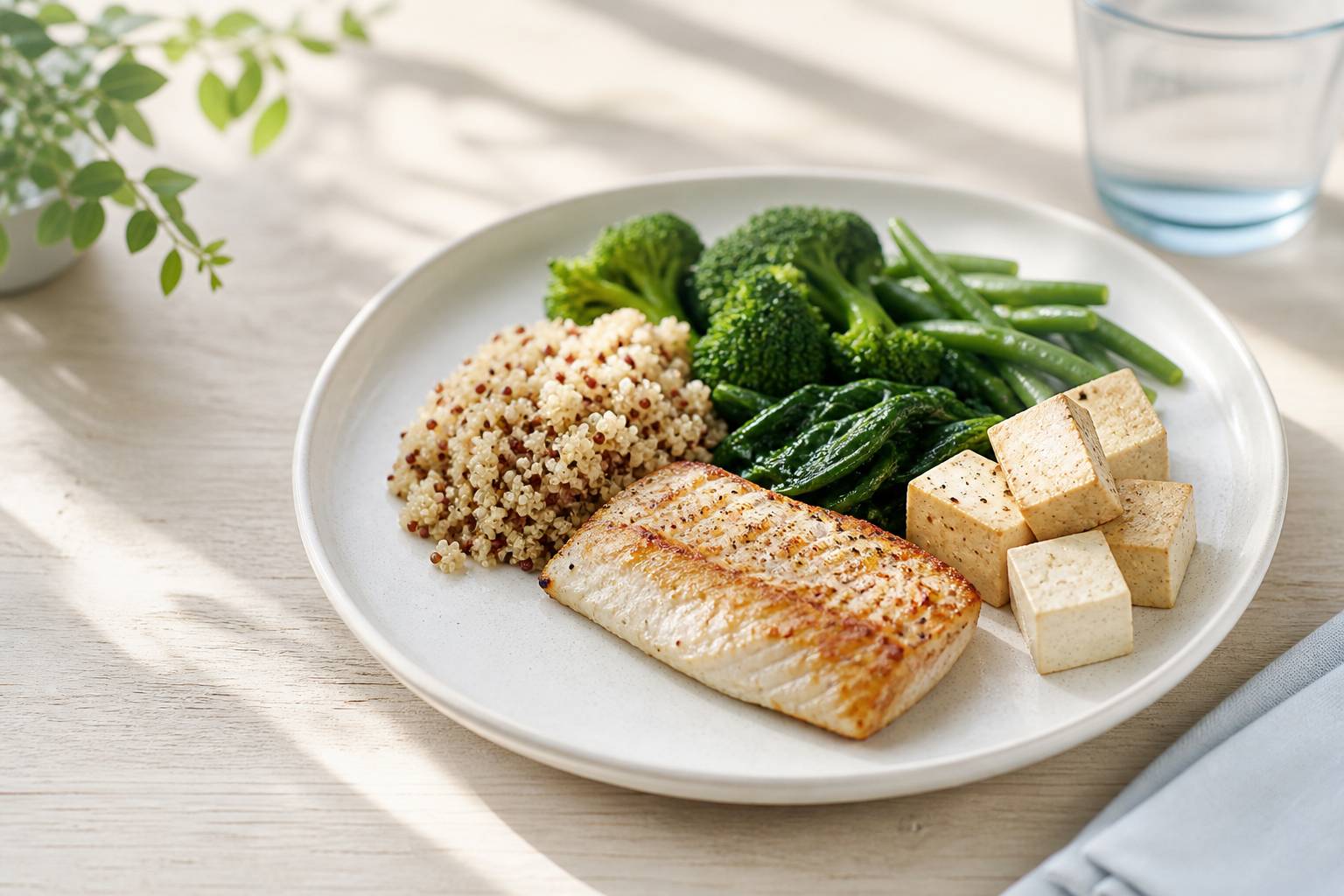 Assiette équilibrée de protéines pour le soir avec poisson et légumes verts